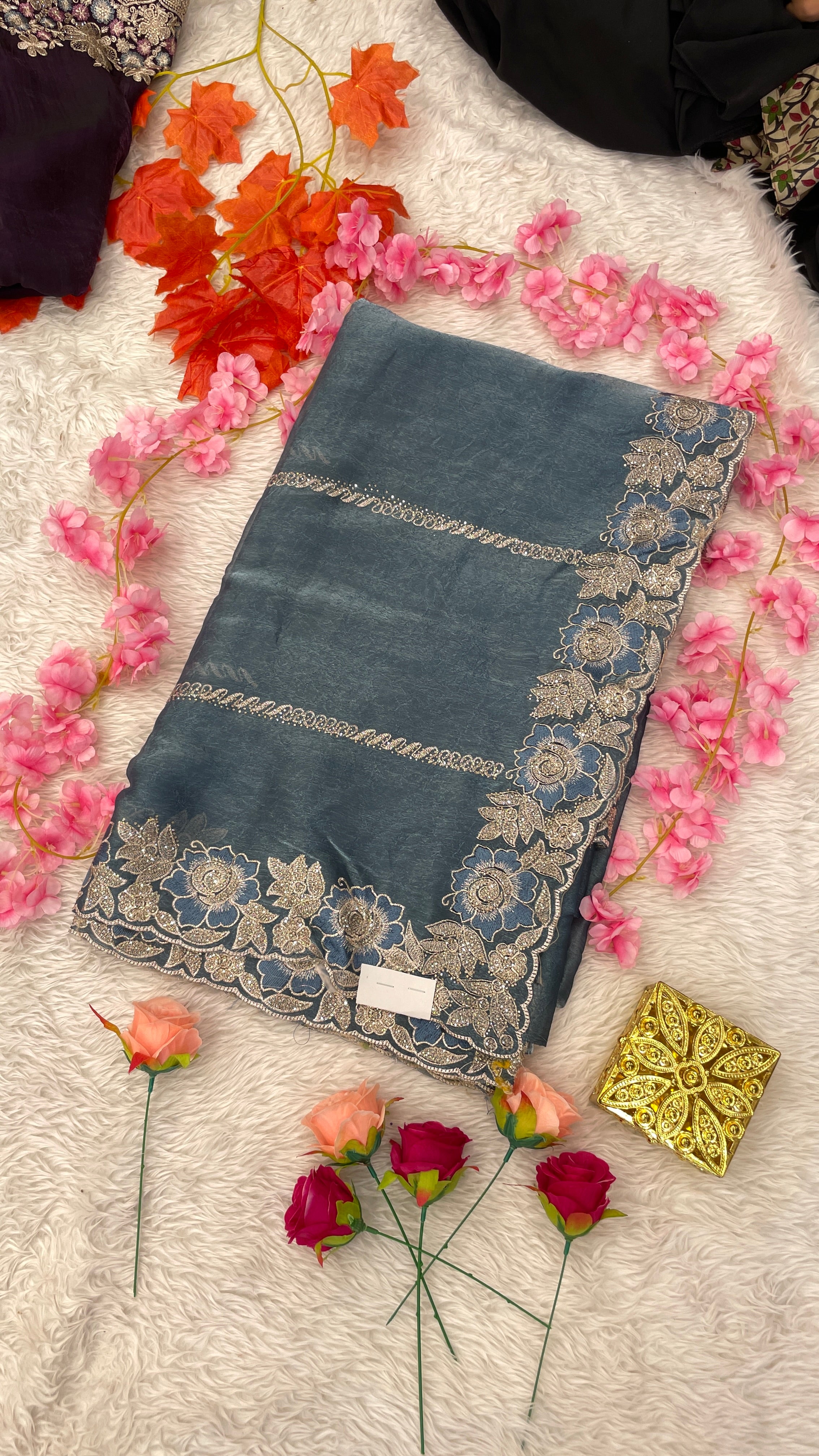 Designer Jimichu Silk Sarees with Full Embroidery and Zarkan Diamonds work