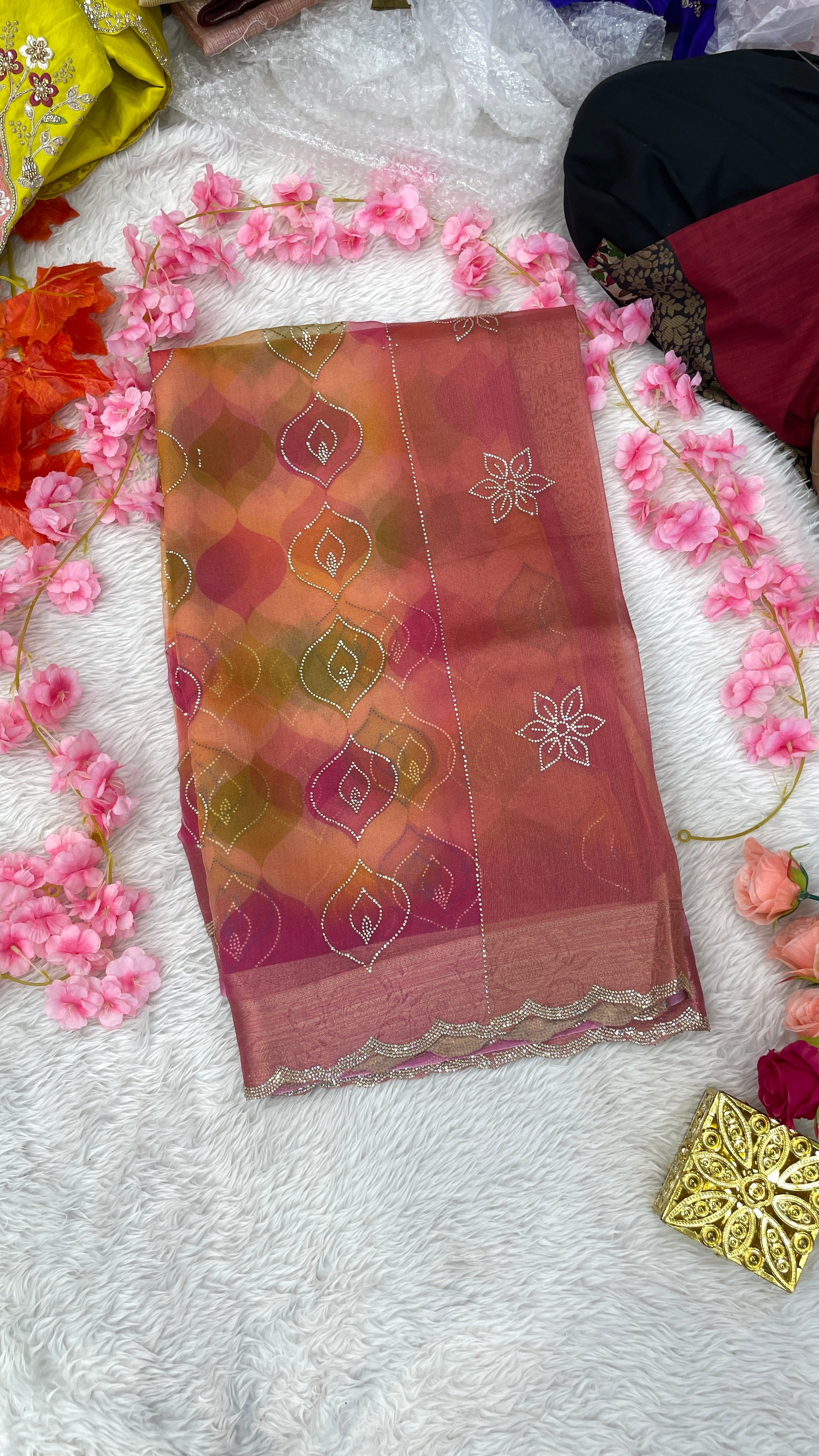 Organza Silk Base Full Cutwork Zarkan Diamond work Saree