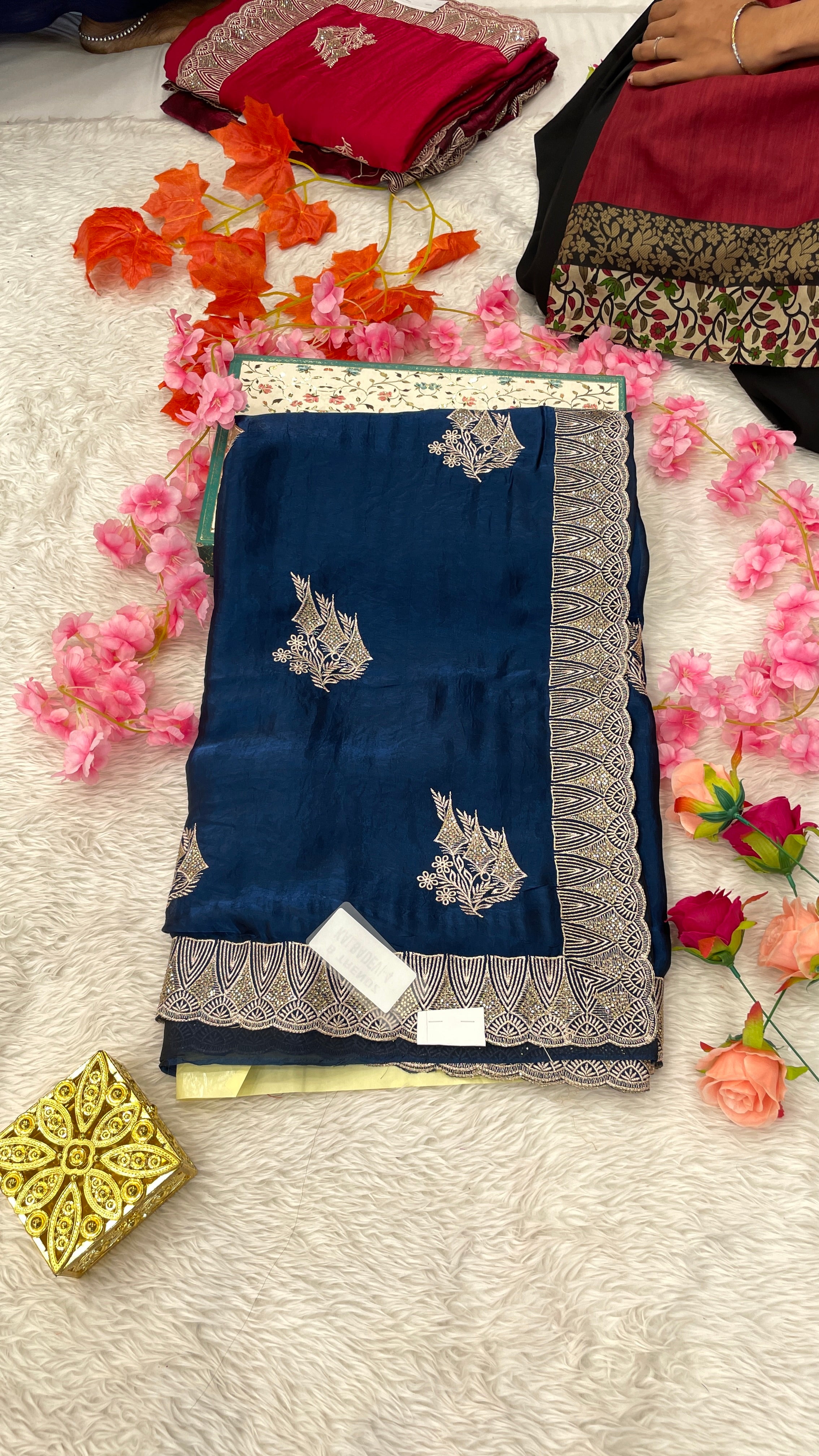 Designer Jimichu Silk Sarees with Full Embroidery and Zarkan Diamonds work