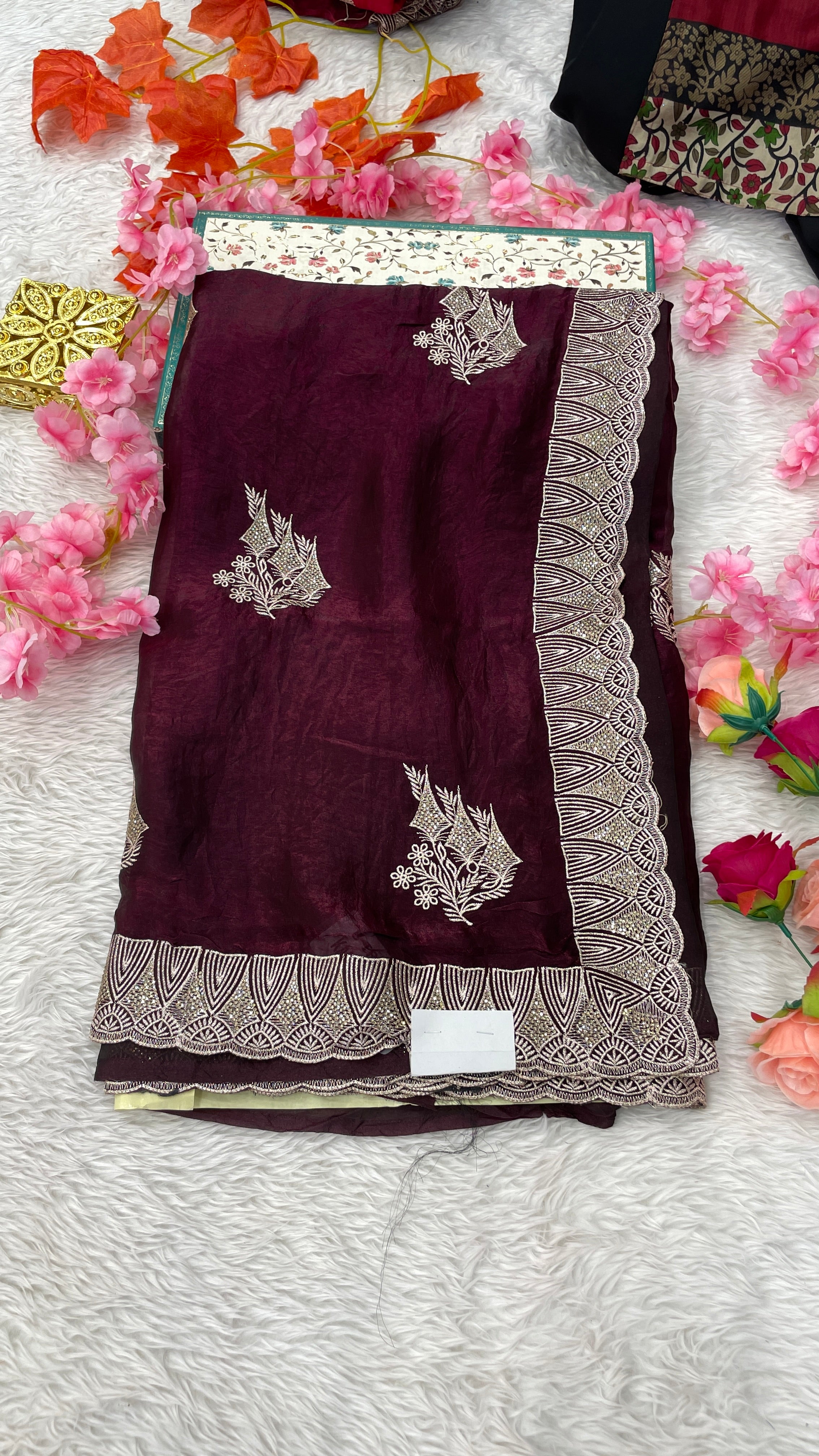 Designer Jimichu Silk Sarees with Full Embroidery and Zarkan Diamonds work