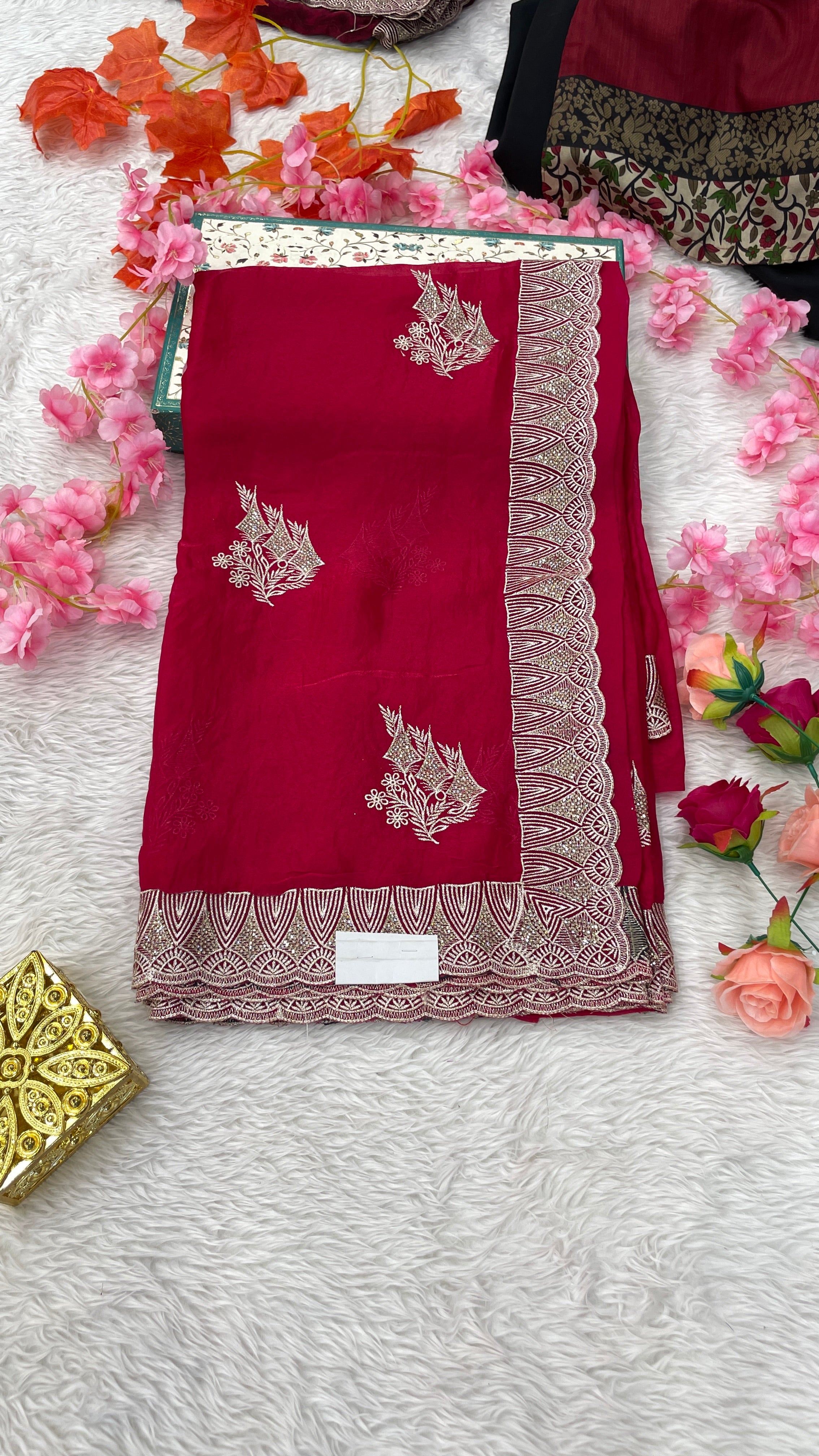 Designer Jimichu Silk Sarees with Full Embroidery and Zarkan Diamonds work