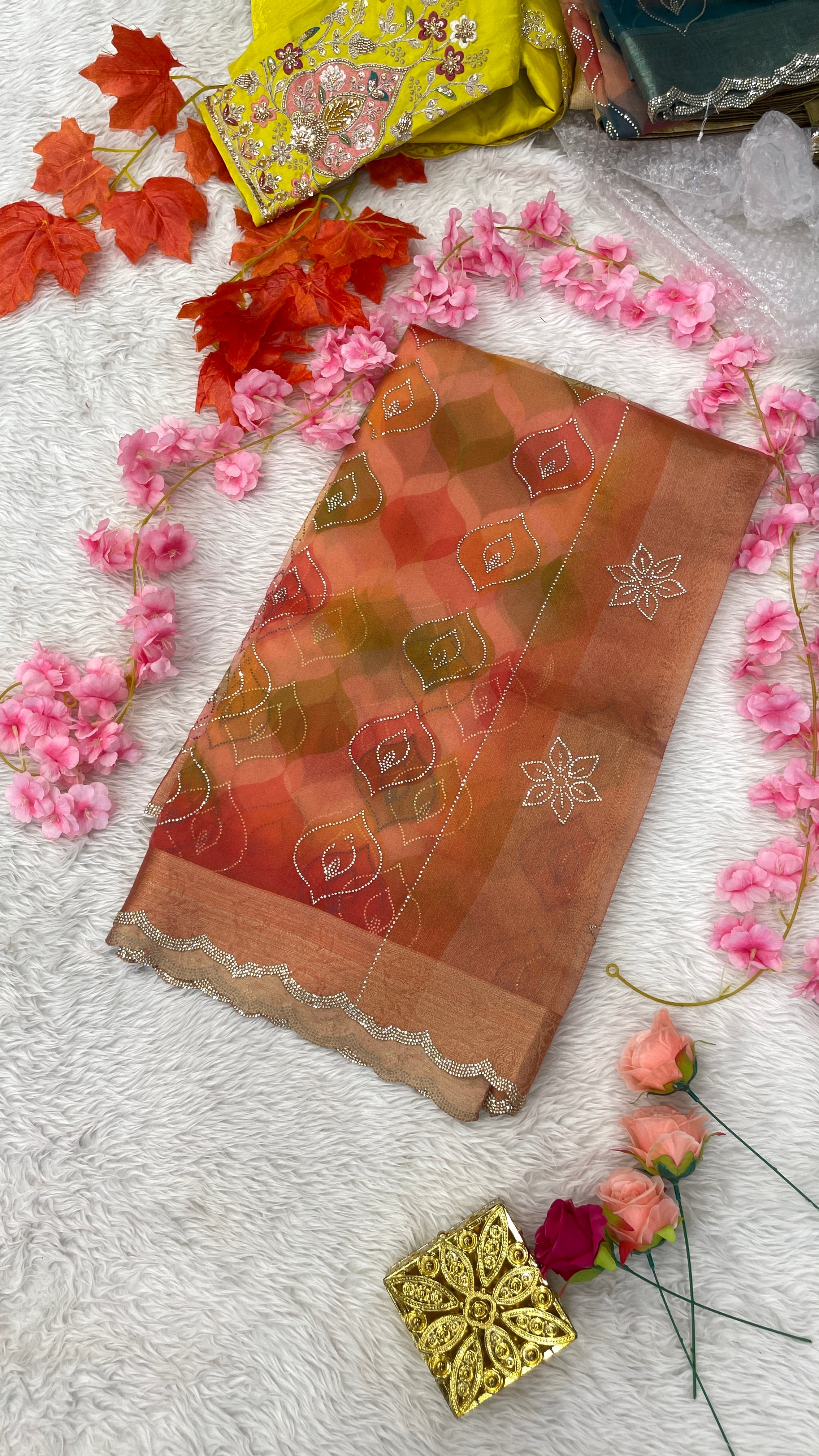 Organza Silk Base Full Cutwork Zarkan Diamond work Saree